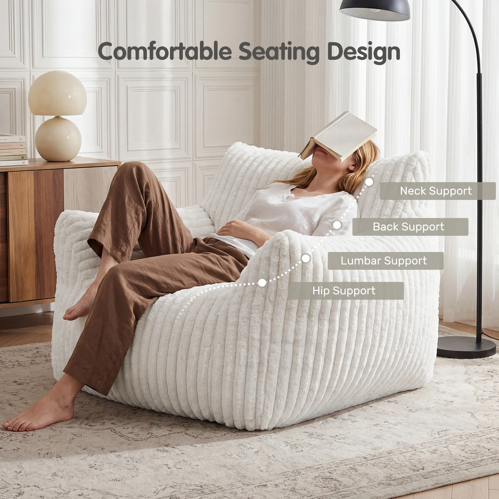 JHK Ergonomic Bean Bag Sofa with Memory Foam Filling For Living Room Modern Corduroy Plush Lounge Chair Comfy Sleeper Chair for Bedroom