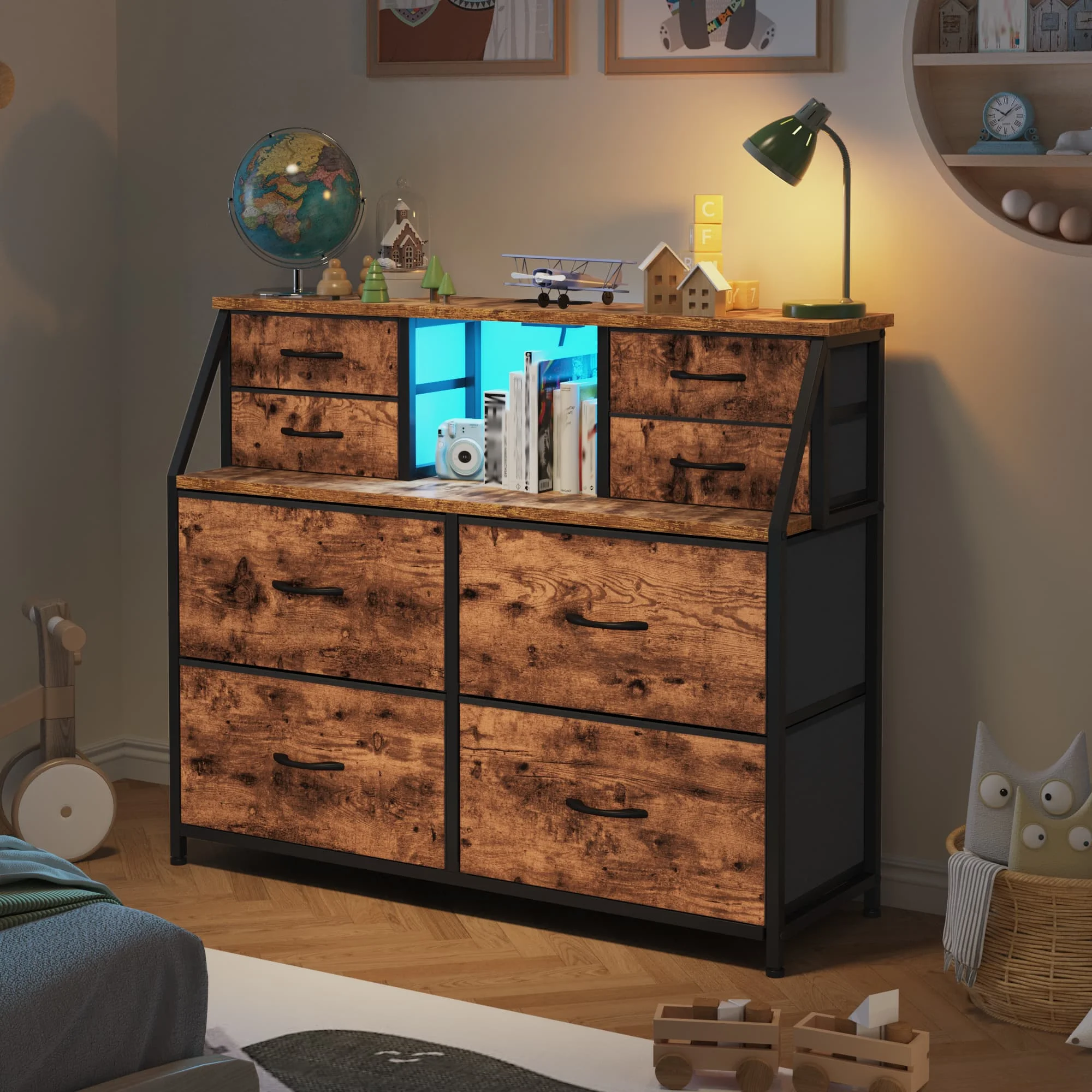 EnHomee 8 Drawers + 2 Open Shelves Dresser – LED Lights & Power Strip Included – Medium Chest for Hallway, Entryway, or Bedroom Use