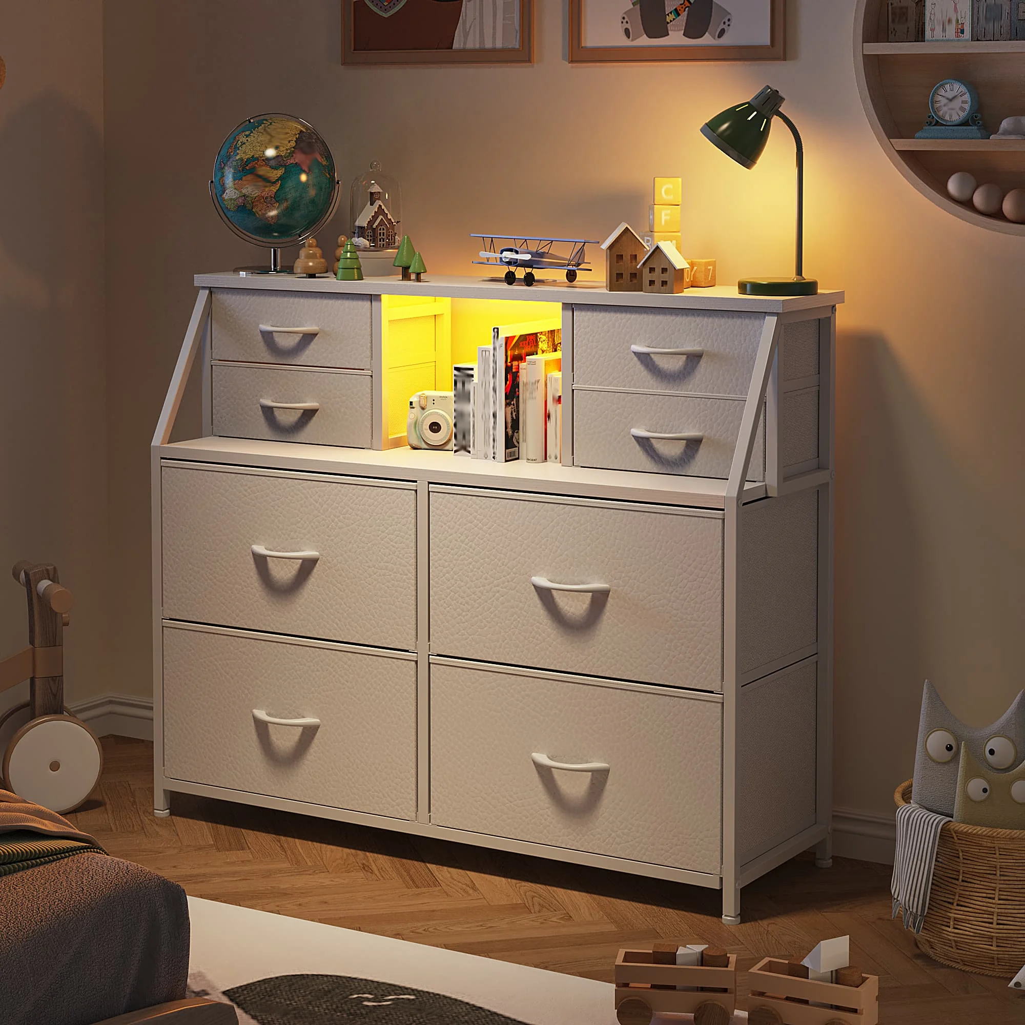 EnHomee 8 Drawers + 2 Open Shelves Dresser – LED Lights & Power Strip Included – Medium Chest for Hallway, Entryway, or Bedroom Use
