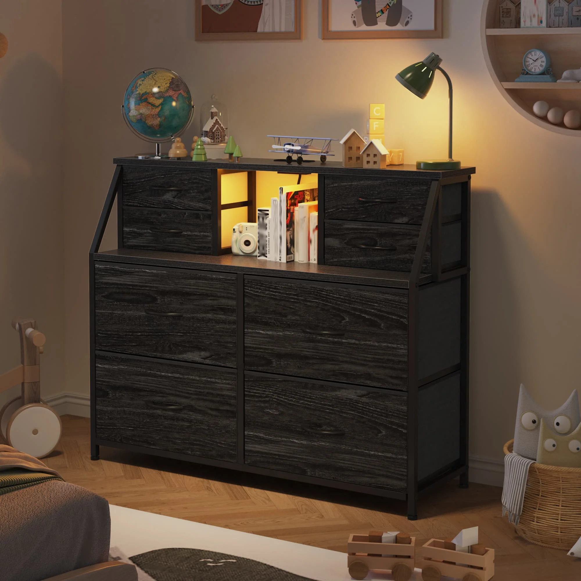 EnHomee 8 Drawers + 2 Open Shelves Dresser – LED Lights & Power Strip Included – Medium Chest for Hallway, Entryway, or Bedroom Use