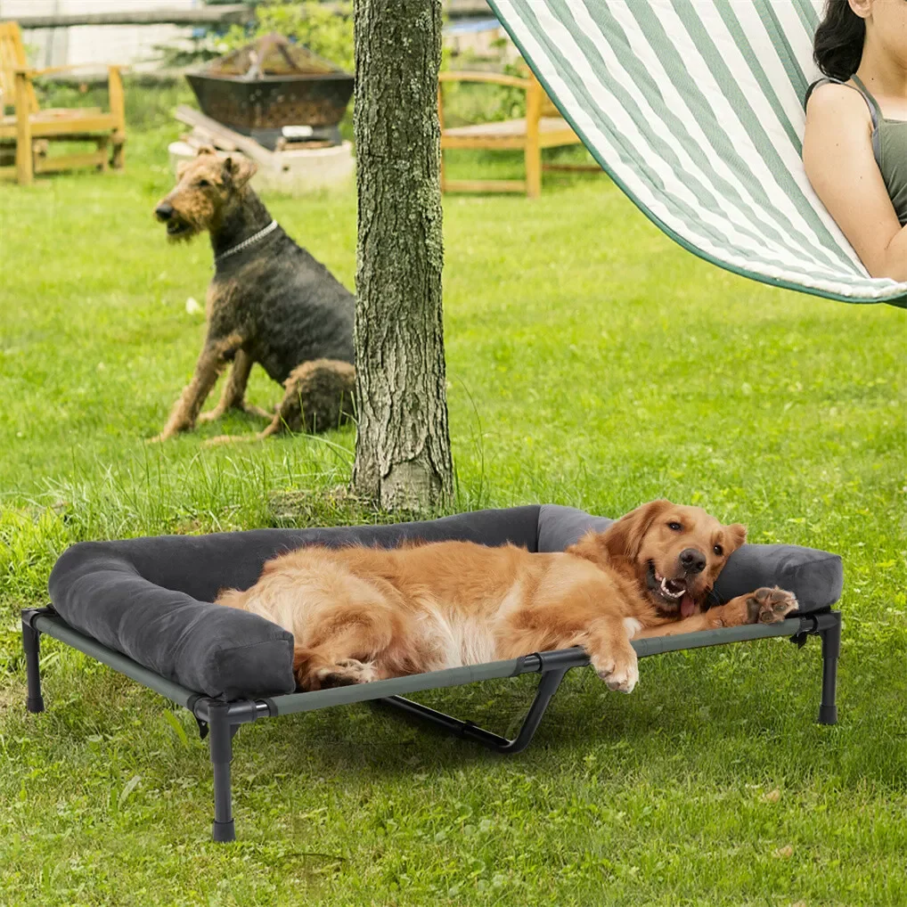 BINGOPAW Outdoor Elevated Dog Bed Cooling Raised Pet Lounger Bed Mesh Cot Sleep Camping Bed with Detachable Plush Bolster