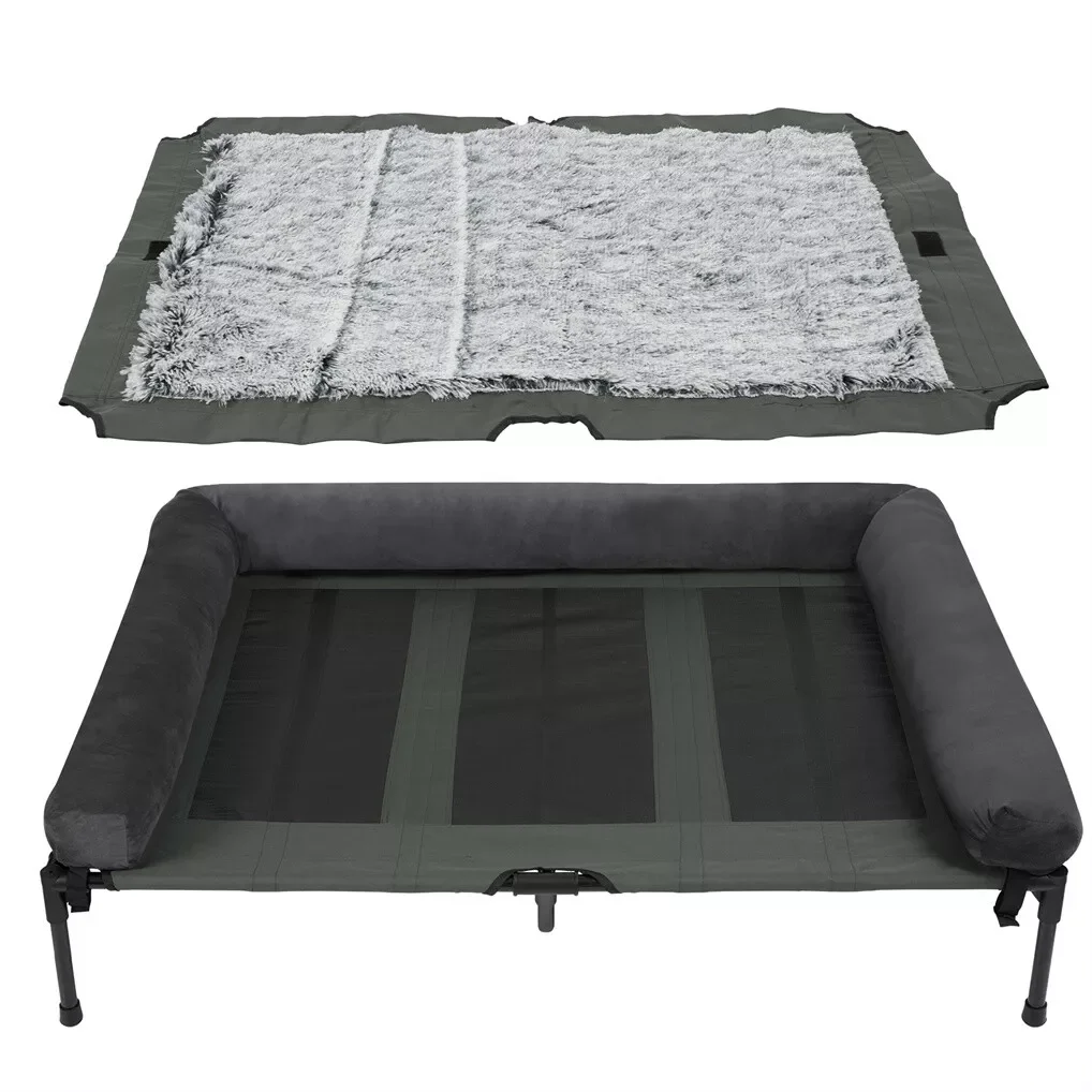 BINGOPAW Outdoor Elevated Dog Bed Cooling Raised Pet Lounger Bed Mesh Cot Sleep Camping Bed with Detachable Plush Bolster