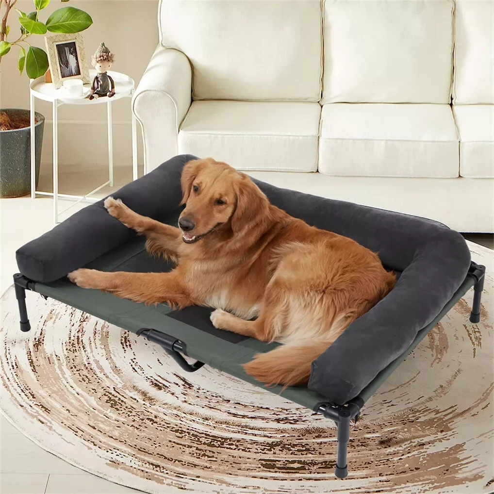 BINGOPAW Outdoor Elevated Dog Bed Cooling Raised Pet Lounger Bed Mesh Cot Sleep Camping Bed with Detachable Plush Bolster