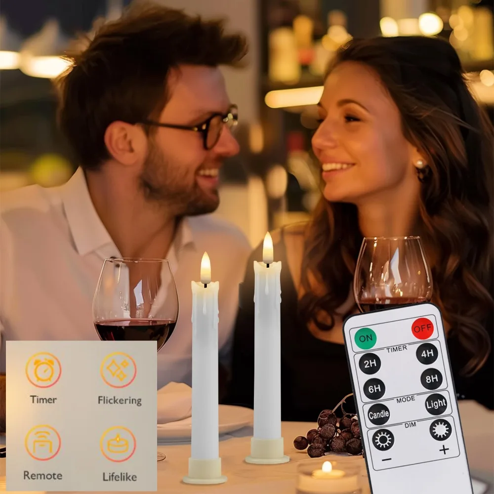 6 Pack Flameless LED Taper Candles Rechargeable Realistic Taper Flickering Electric 3D Wick LED Light Candle with Remote Control and Battery Operated Timer Led Candles for Home Decor Christmas Table