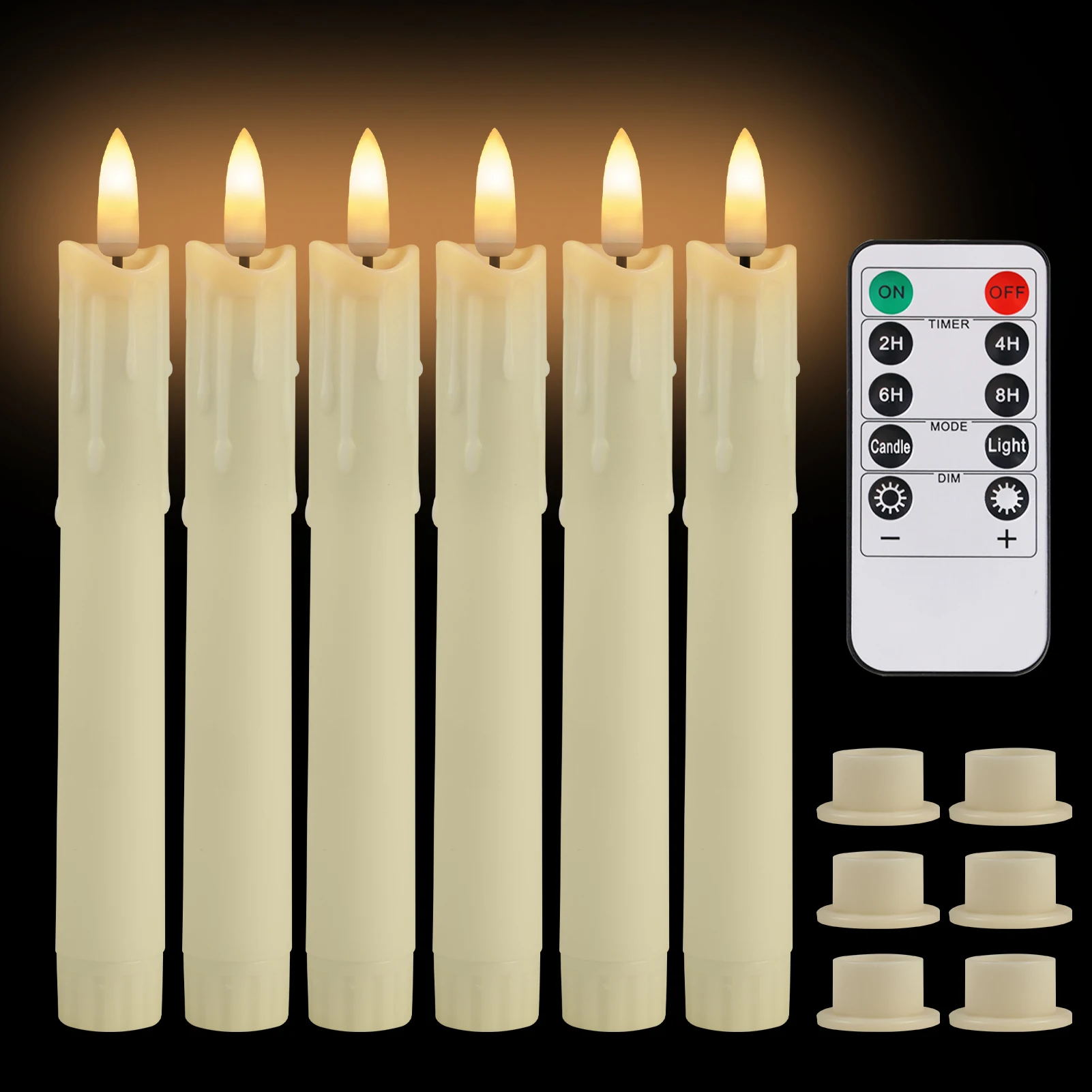 6 Pack Flameless LED Taper Candles Rechargeable Realistic Taper Flickering Electric 3D Wick LED Light Candle with Remote Control and Battery Operated Timer Led Candles for Home Decor Christmas Table