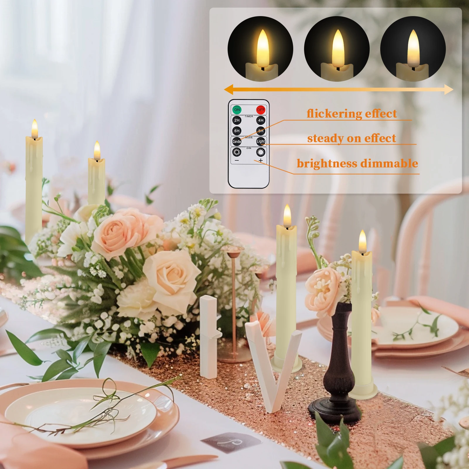 6 Pack Flameless LED Taper Candles Rechargeable Realistic Taper Flickering Electric 3D Wick LED Light Candle with Remote Control and Battery Operated Timer Led Candles for Home Decor Christmas Table