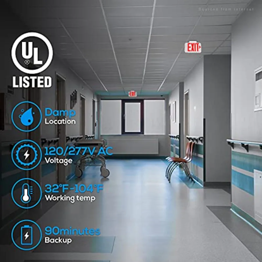 LED Exit Sign, Emergency Exit Light with Battery Backup, Double Face, UL 924, AC 120/277V, Damp Location, Hardwi Letter Exit Li