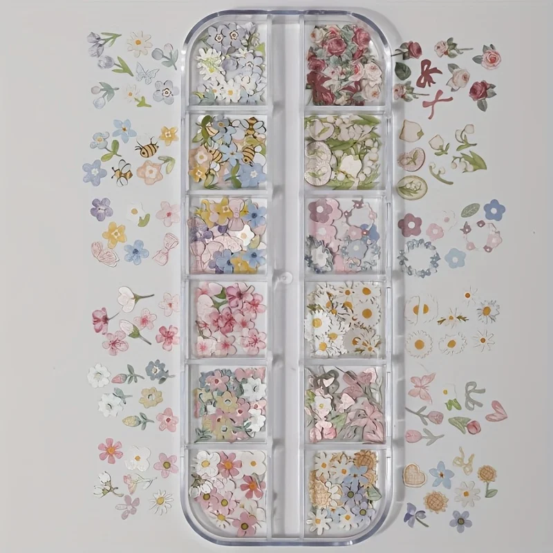 12 Grids Mixed Flower Bee Butterfly Paper Nail Art Slices Ultra Thin Paper Nail Decor Pieces DIY Manicure Supplies for Salon Home Nail Art