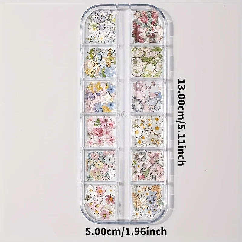 12 Grids Mixed Flower Bee Butterfly Paper Nail Art Slices Ultra Thin Paper Nail Decor Pieces DIY Manicure Supplies for Salon Home Nail Art
