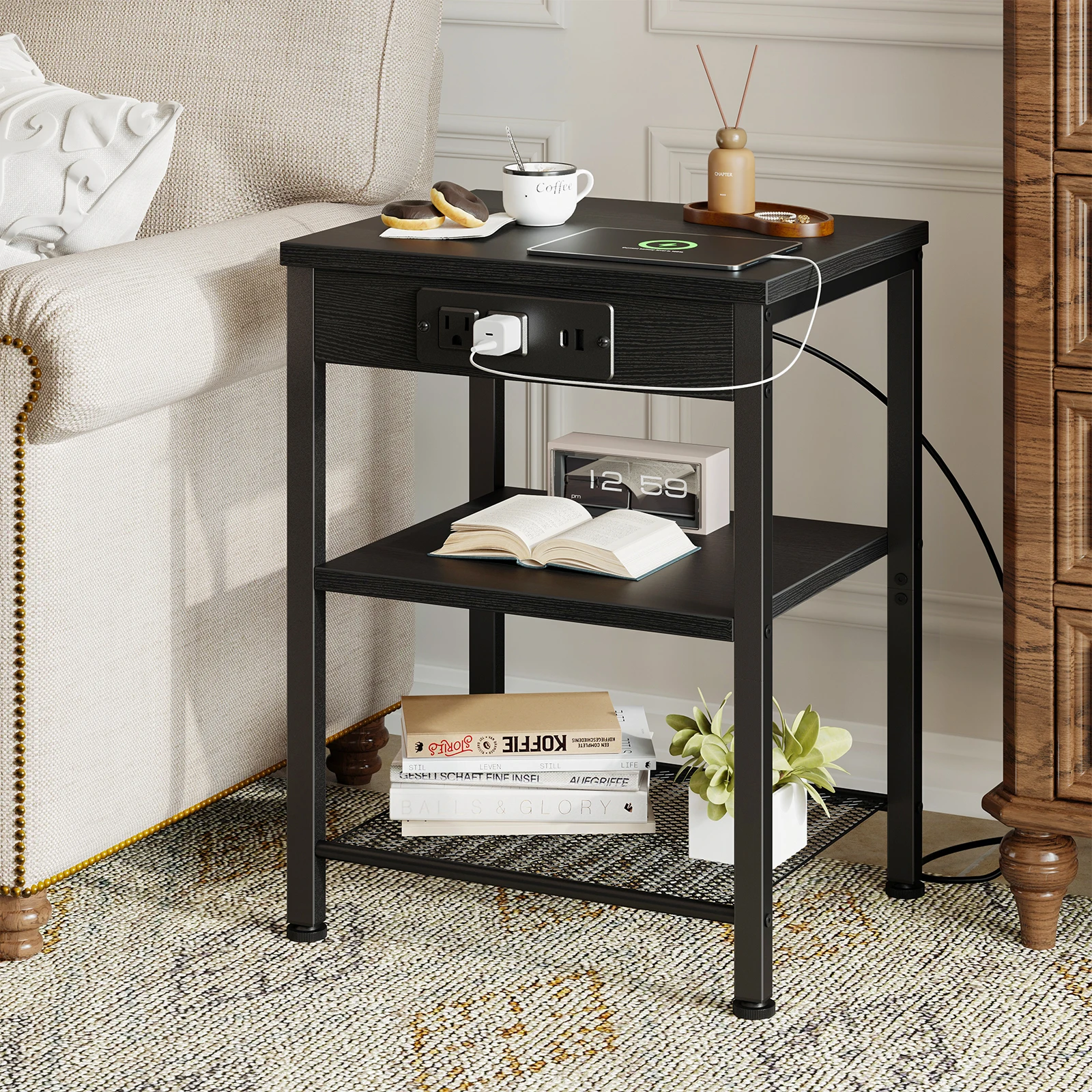 JHK 1/2 Pack 3-Tier Small Side Table with Charging Station Outlets and USB Ports Adjustable Nightstand for Living Room Bedroom Small Spaces 