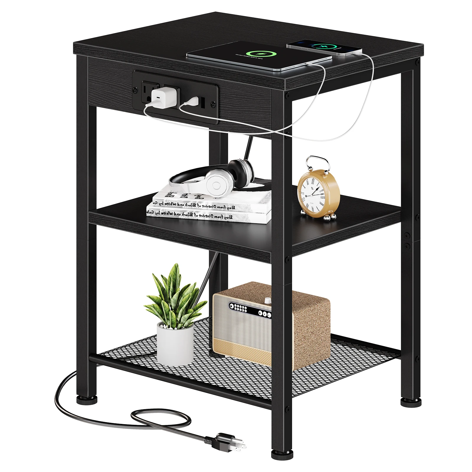 JHK 1/2 Pack 3-Tier Small Side Table with Charging Station Outlets and USB Ports Adjustable Nightstand for Living Room Bedroom Small Spaces 