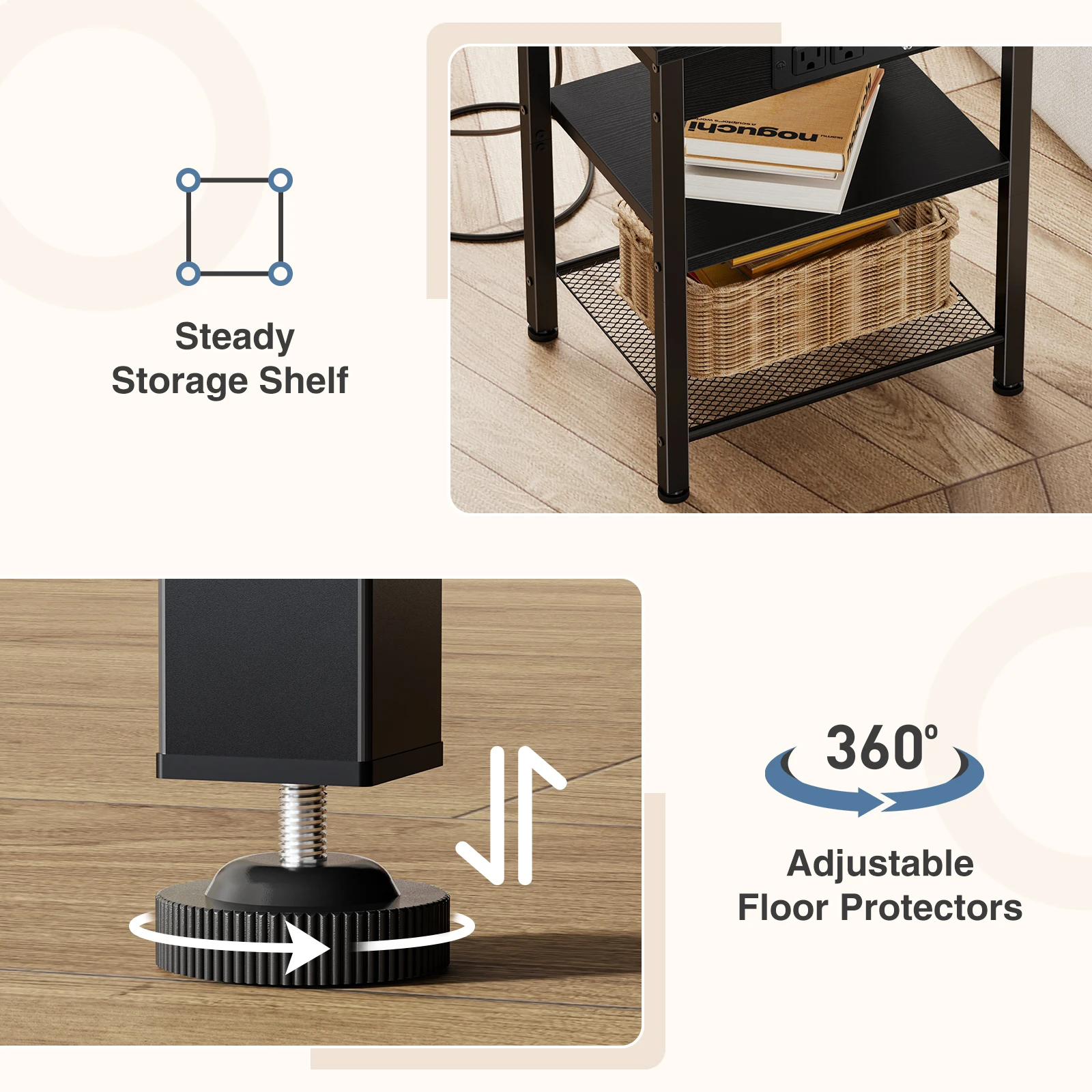 JHK 1/2 Pack 3-Tier Small Side Table with Charging Station Outlets and USB Ports Adjustable Nightstand for Living Room Bedroom Small Spaces 