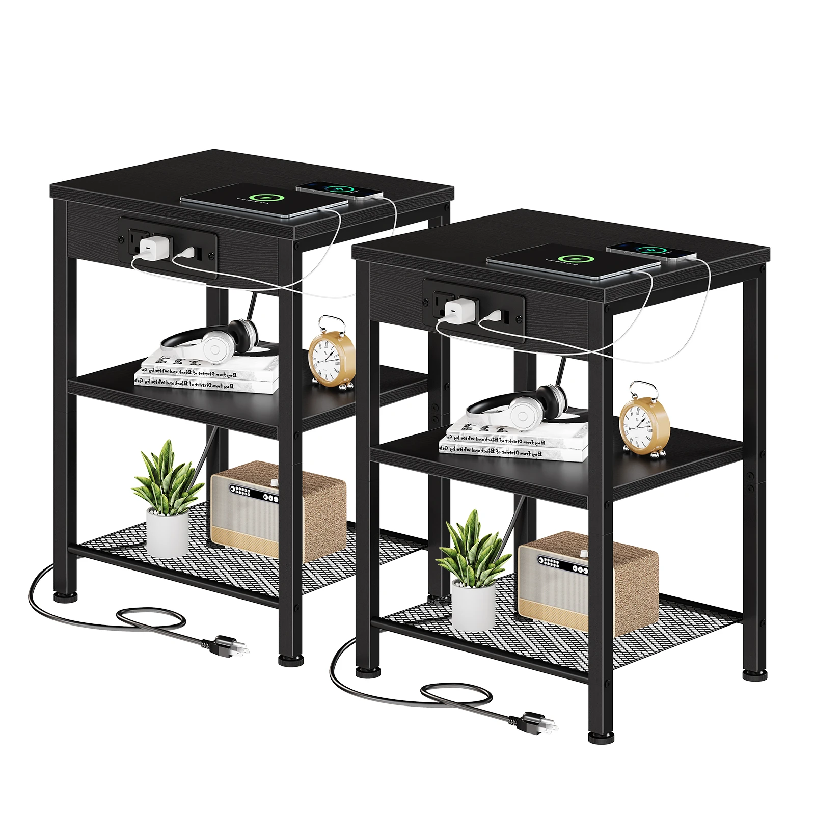 JHK 1/2 Pack 3-Tier Small Side Table with Charging Station Outlets and USB Ports Adjustable Nightstand for Living Room Bedroom Small Spaces 