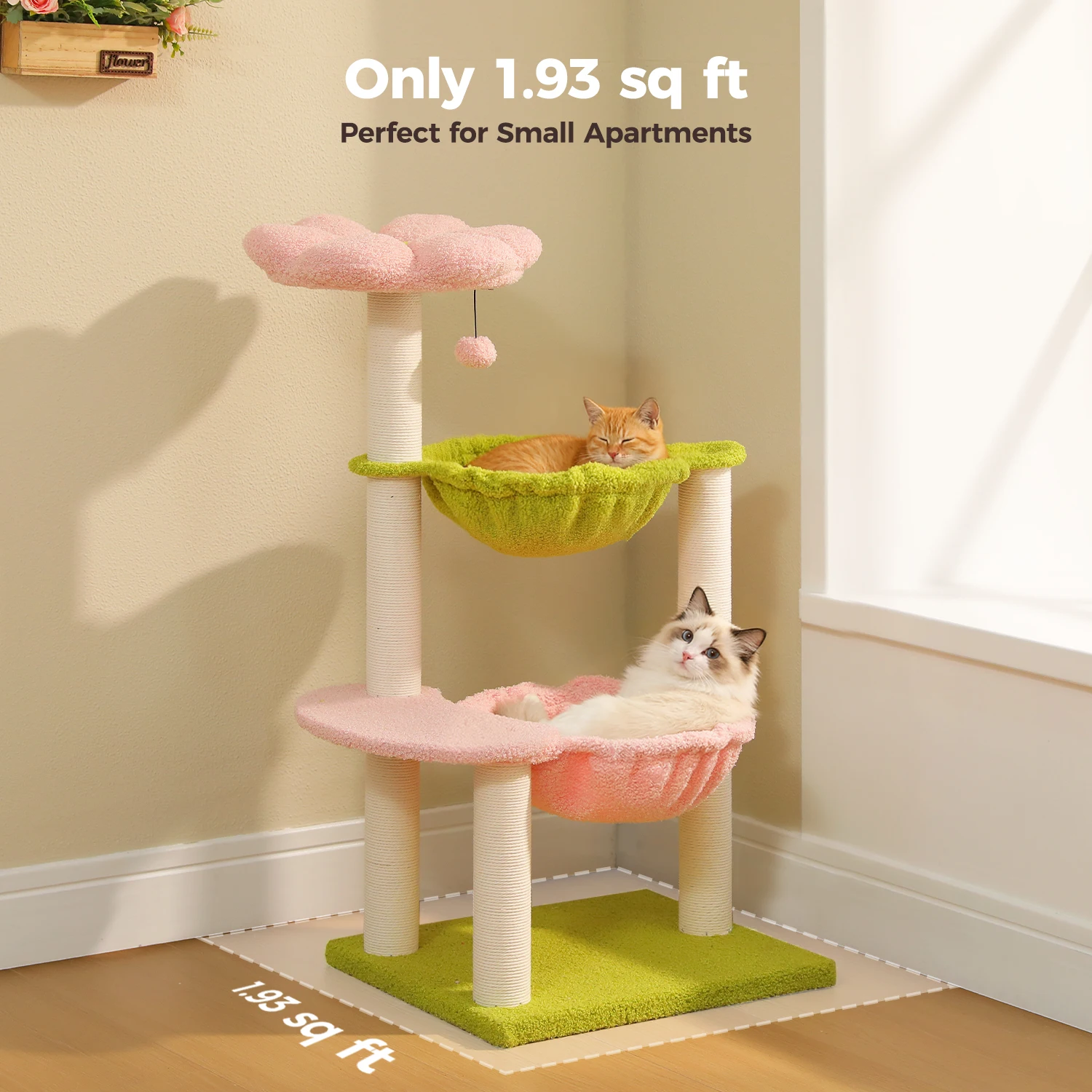 Flower Cat Tree with 2 Cozy Hammocks Sisal Scratching Posts Soft Top Perch Small Cat Tower for Indoor Kitty Cat Furniture Cat Toys