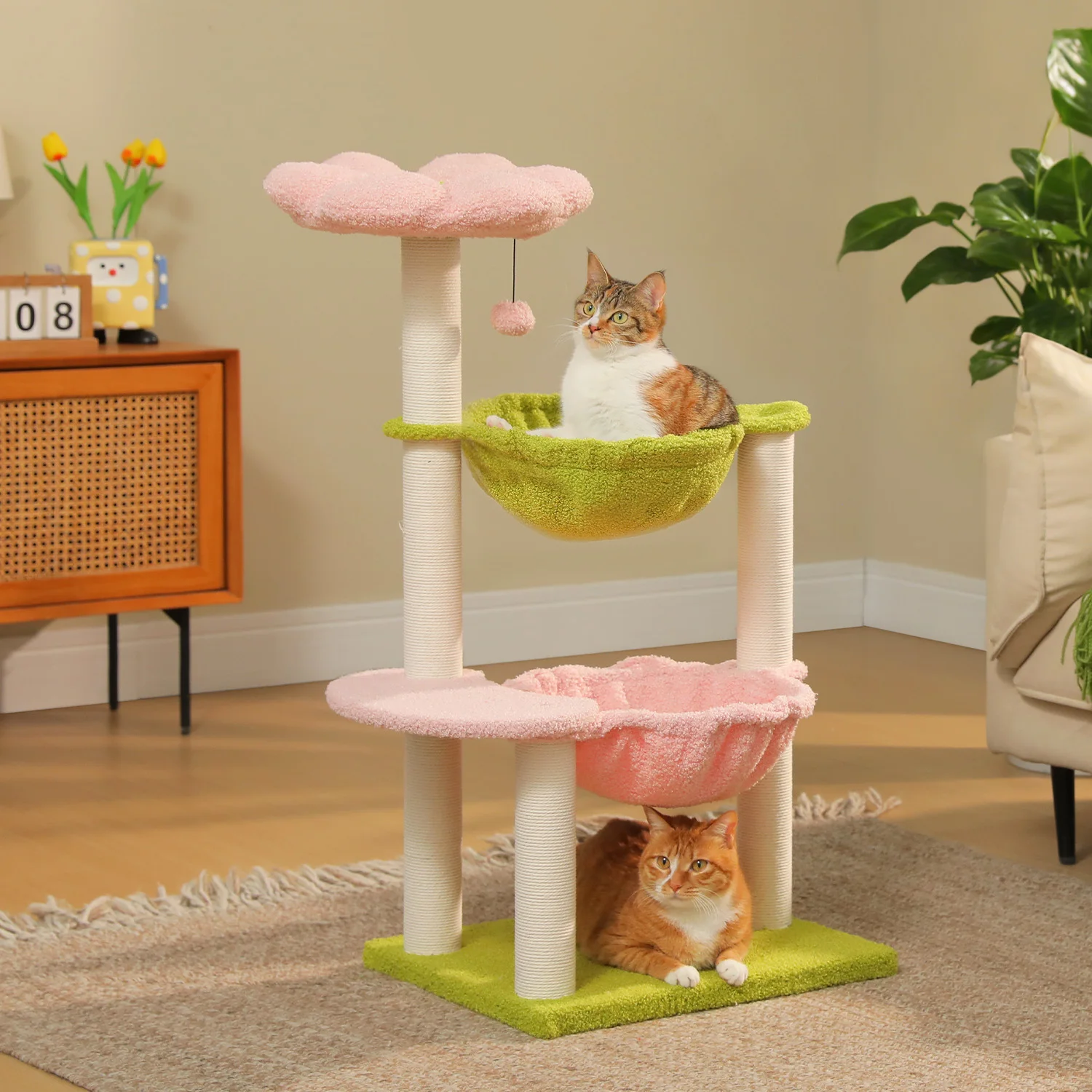 Flower Cat Tree with 2 Cozy Hammocks Sisal Scratching Posts Soft Top Perch Small Cat Tower for Indoor Kitty Cat Furniture Cat Toys