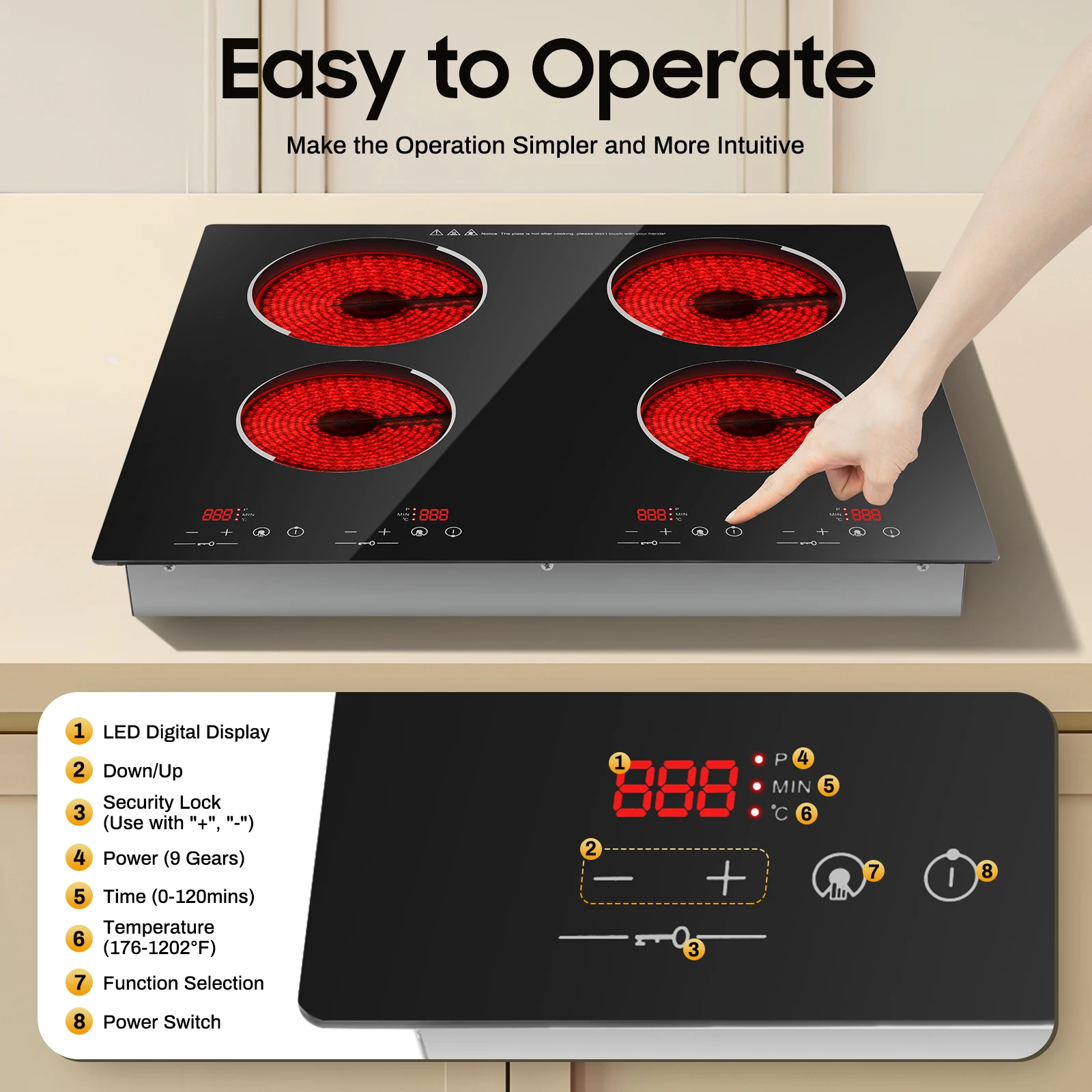 3000W 4 Burner Electric Cooktop Ceramic Hob 110V, 9 Heating Levels Sensor Touch Control, Built-in Countertop Radiant Stove with Child Safety Lock & Timer for Kitchen(No Plug), Black
