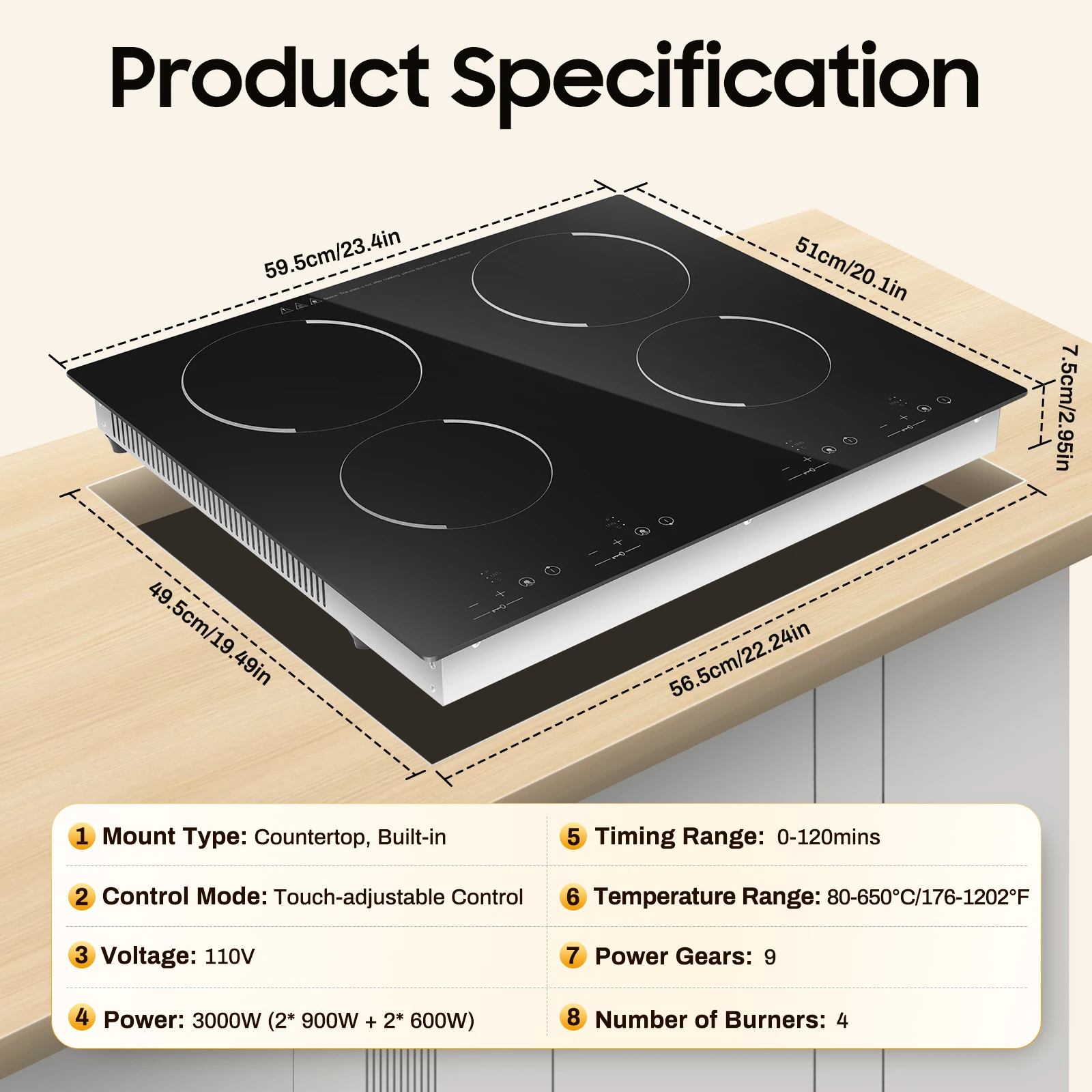 3000W 4 Burner Electric Cooktop Ceramic Hob 110V, 9 Heating Levels Sensor Touch Control, Built-in Countertop Radiant Stove with Child Safety Lock & Timer for Kitchen(No Plug), Black