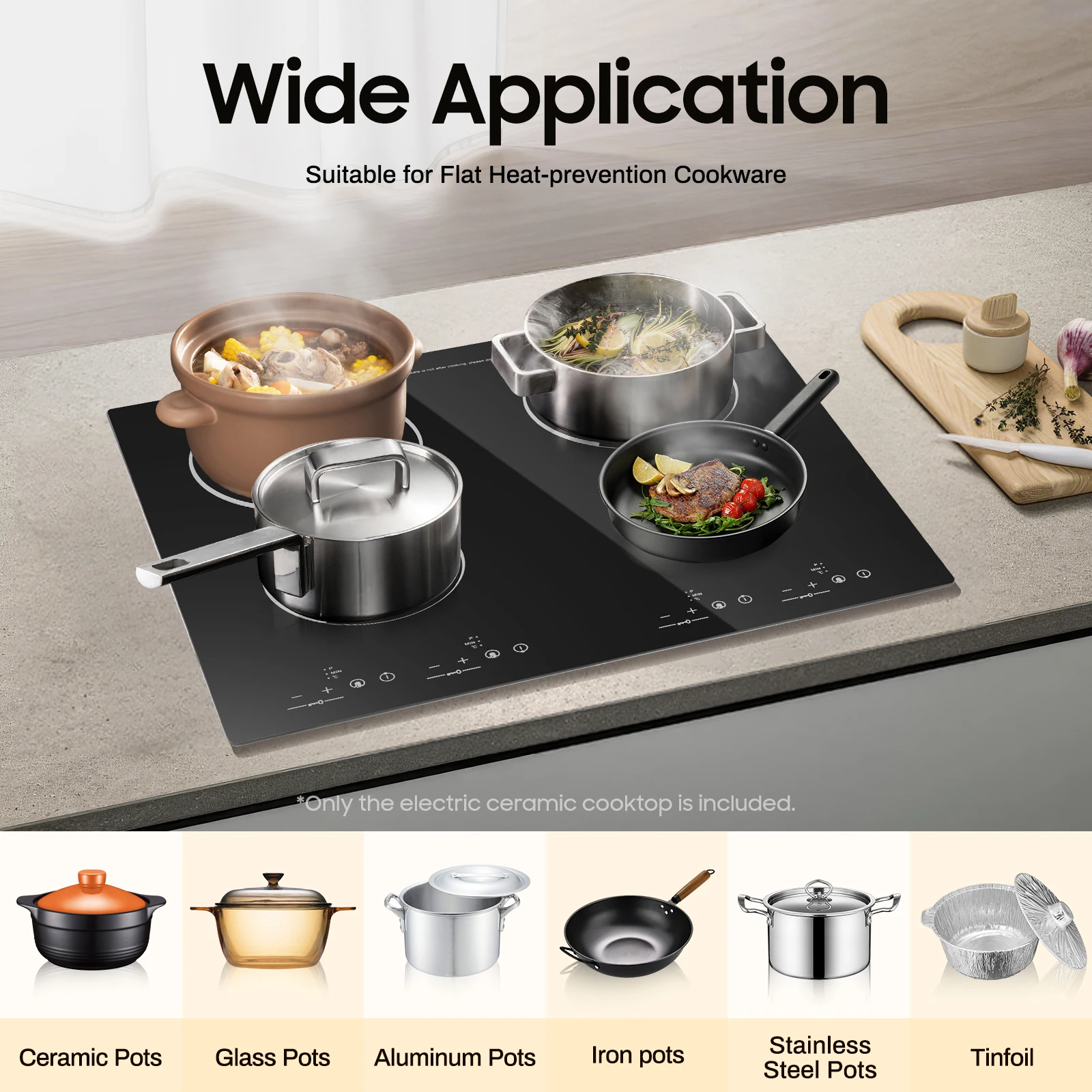3000W 4 Burner Electric Cooktop Ceramic Hob 110V, 9 Heating Levels Sensor Touch Control, Built-in Countertop Radiant Stove with Child Safety Lock & Timer for Kitchen(No Plug), Black
