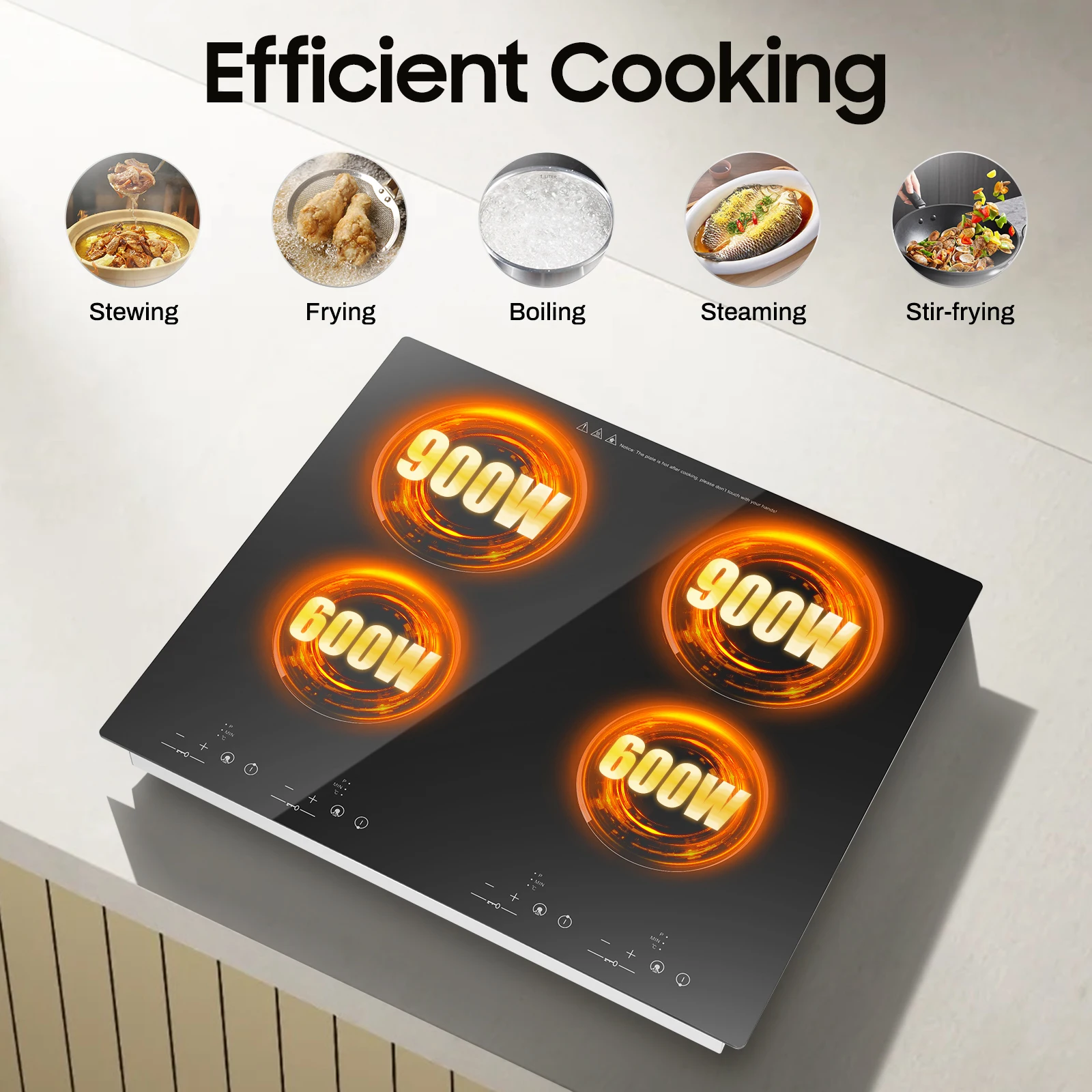 3000W 4 Burner Electric Cooktop Ceramic Hob 110V, 9 Heating Levels Sensor Touch Control, Built-in Countertop Radiant Stove with Child Safety Lock & Timer for Kitchen(No Plug), Black