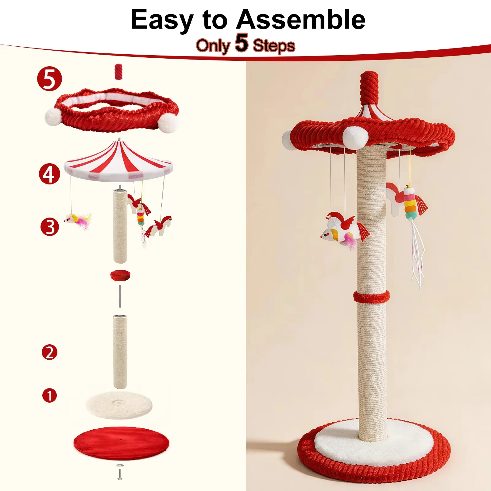 39“ Tall Carousel Cat Scratching Post with Hanging Toys Cat Tree Tower with Rotating Top 17.7" Stable Base Interactive Toys For Indoor Kittens and Adult Cats Climbing