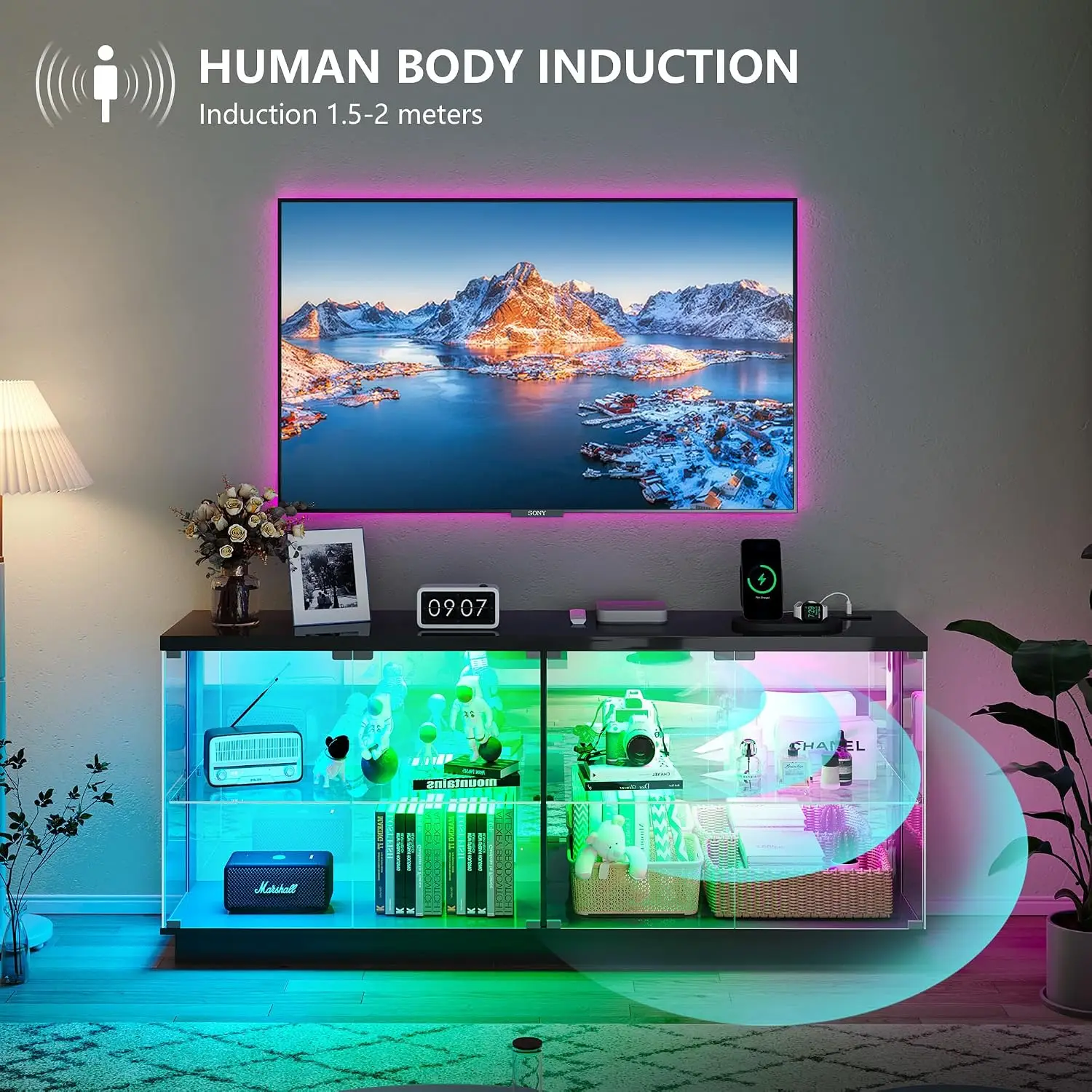 Glass Display Cabinet - with Glass Door,59" Clear Tempered Display Case with Charging Station & Human Body Sensor, Customized