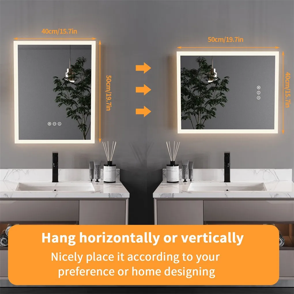 LED Bathroom Mirror 400x500mm Wall Mounted Mirror Anti-Fog Dimmable Vanity Mirror 3 Colors with Light Memory - CRI95