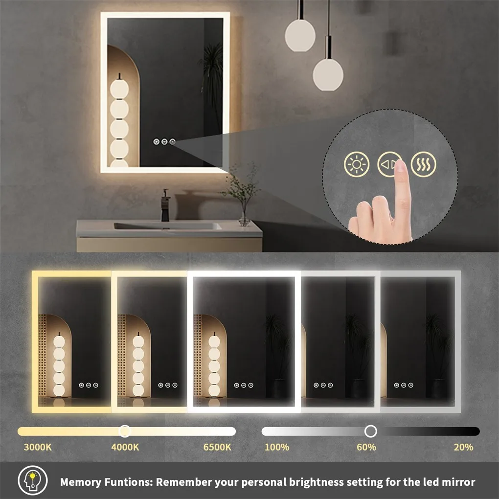 LED Bathroom Mirror 400x500mm Wall Mounted Mirror Anti-Fog Dimmable Vanity Mirror 3 Colors with Light Memory - CRI95