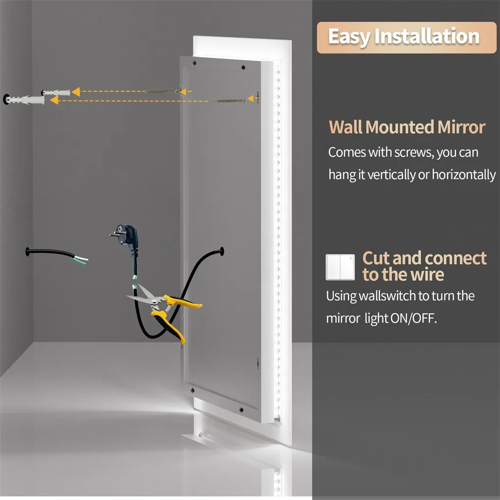 LED Bathroom Mirror 400x500mm Wall Mounted Mirror Anti-Fog Dimmable Vanity Mirror 3 Colors with Light Memory - CRI95