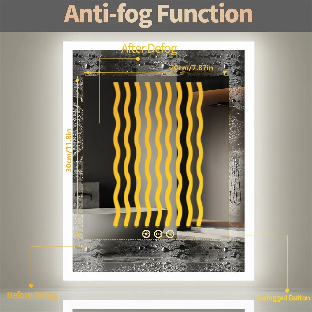 LED Bathroom Mirror 400x500mm Wall Mounted Mirror Anti-Fog Dimmable Vanity Mirror 3 Colors with Light Memory - CRI95