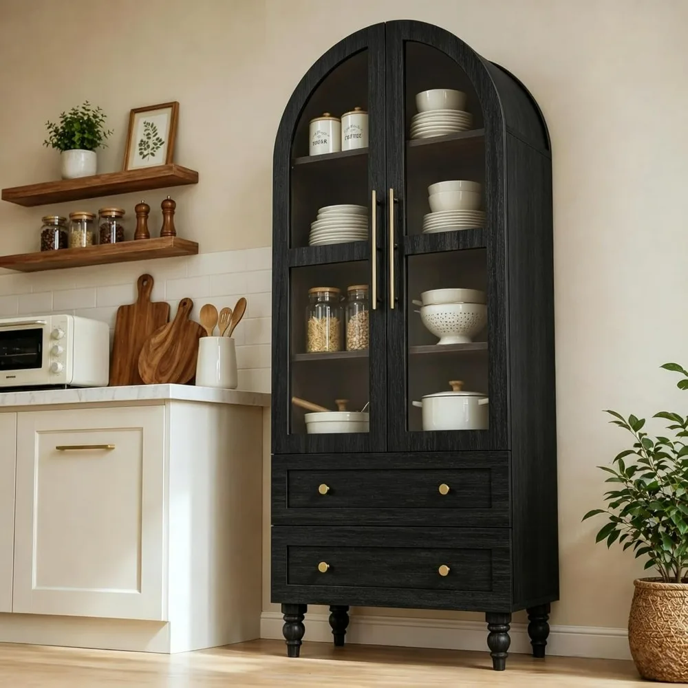 Vongrasig 71" Tall Pantry Cabinet Glass Doors 2 Drawers 6-Tier Rustic Storage Cupboard Kitchen Bathroom Black