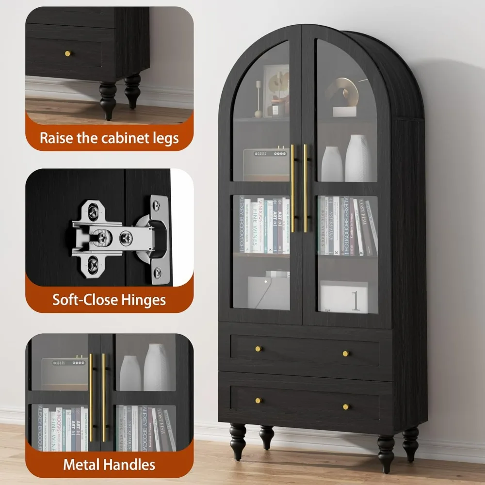 Vongrasig 71" Tall Pantry Cabinet Glass Doors 2 Drawers 6-Tier Rustic Storage Cupboard Kitchen Bathroom Black