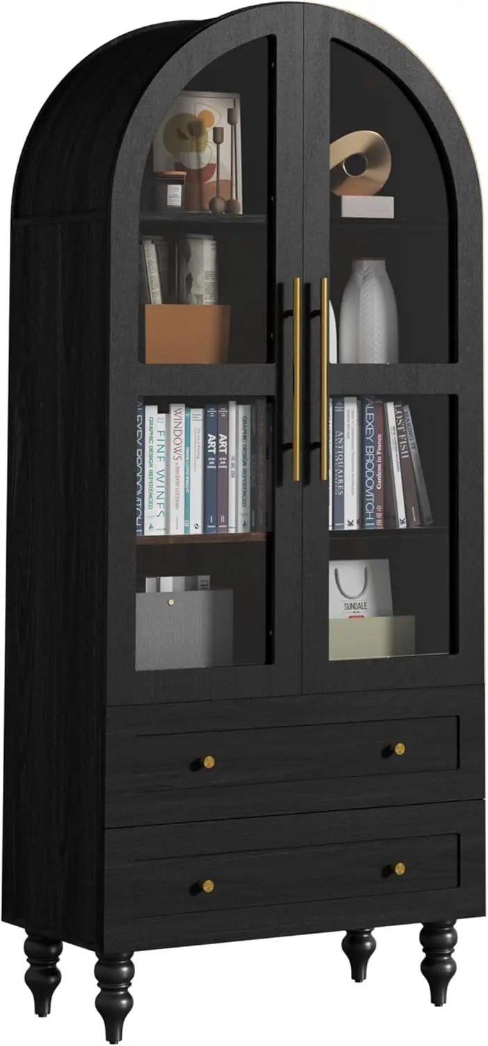 Vongrasig 71" Tall Pantry Cabinet Glass Doors 2 Drawers 6-Tier Rustic Storage Cupboard Kitchen Bathroom Black