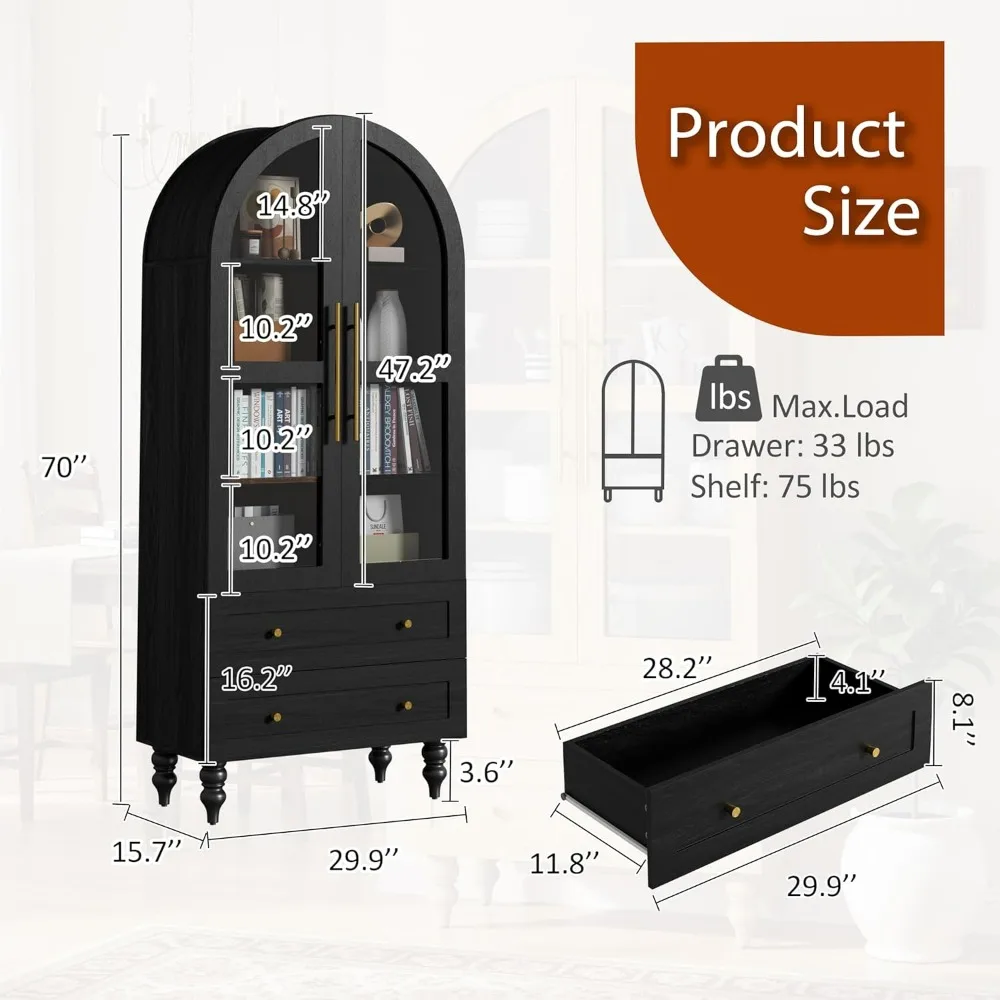 Vongrasig 71" Tall Pantry Cabinet Glass Doors 2 Drawers 6-Tier Rustic Storage Cupboard Kitchen Bathroom Black