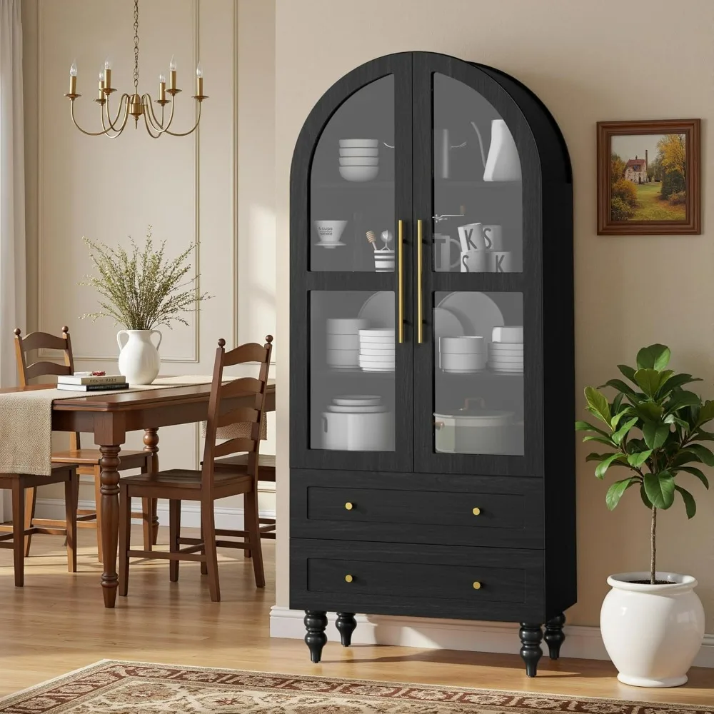 Vongrasig 71" Tall Pantry Cabinet Glass Doors 2 Drawers 6-Tier Rustic Storage Cupboard Kitchen Bathroom Black