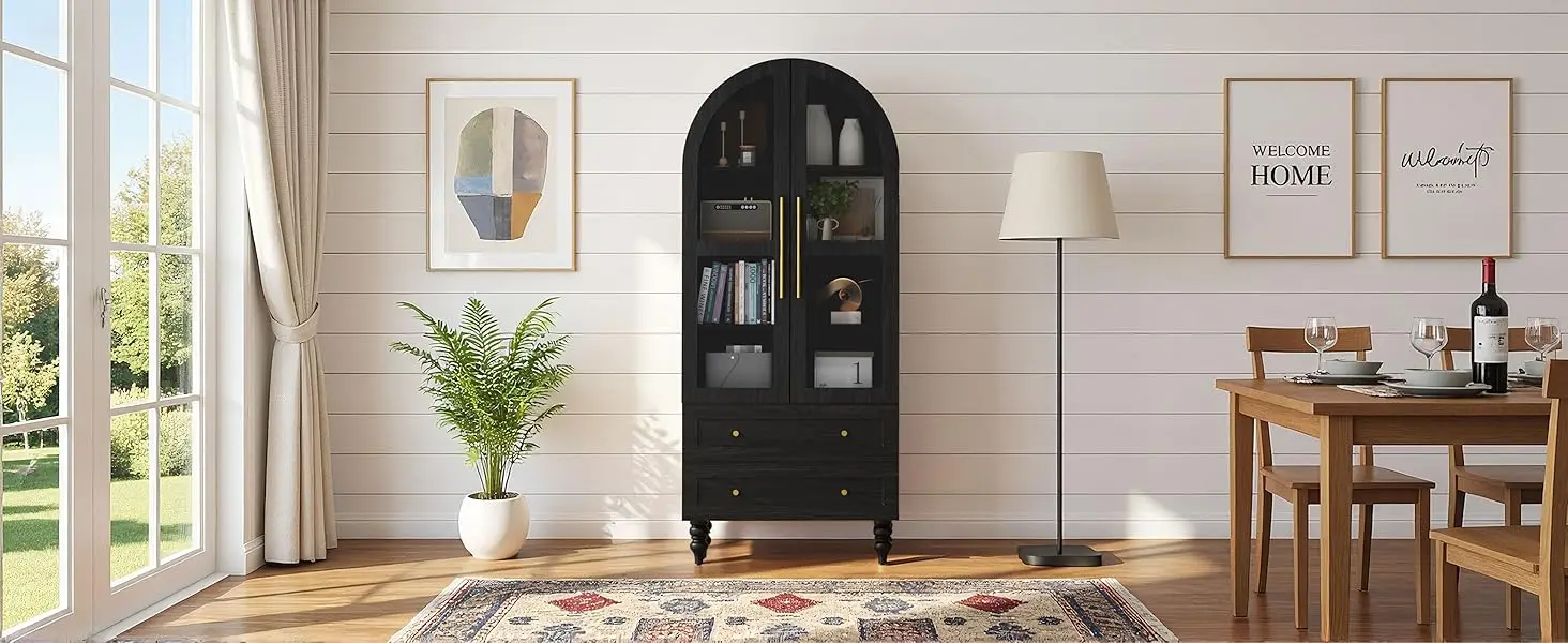 Vongrasig 71" Tall Pantry Cabinet Glass Doors 2 Drawers 6-Tier Rustic Storage Cupboard Kitchen Bathroom Black