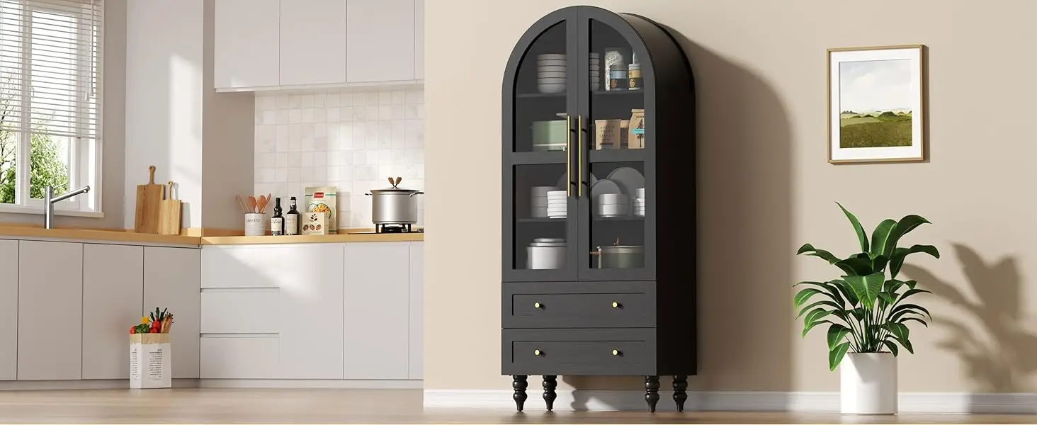 Vongrasig 71" Tall Pantry Cabinet Glass Doors 2 Drawers 6-Tier Rustic Storage Cupboard Kitchen Bathroom Black
