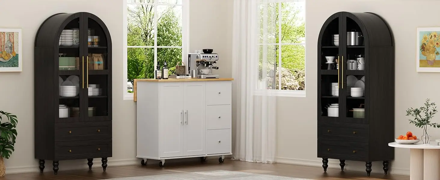 Vongrasig 71" Tall Pantry Cabinet Glass Doors 2 Drawers 6-Tier Rustic Storage Cupboard Kitchen Bathroom Black