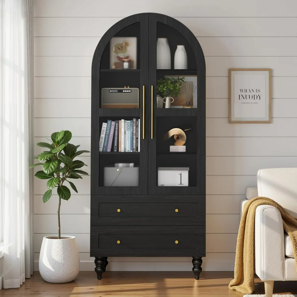 Vongrasig 71" Tall Pantry Cabinet Glass Doors 2 Drawers 6-Tier Rustic Storage Cupboard Kitchen Bathroom Black