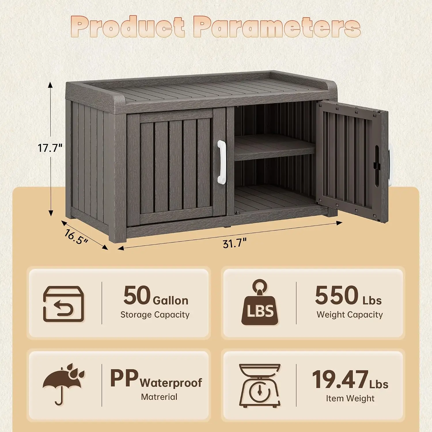 Shoe Storage Cabinet Waterproof UV-Resistant, Entryway Storage Bench Indoor Outdoor With 2 Barn Doors, Adjustable, Customized