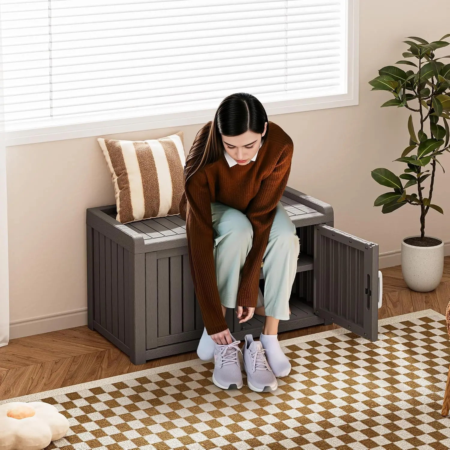 Shoe Storage Cabinet Waterproof UV-Resistant, Entryway Storage Bench Indoor Outdoor With 2 Barn Doors, Adjustable, Customized