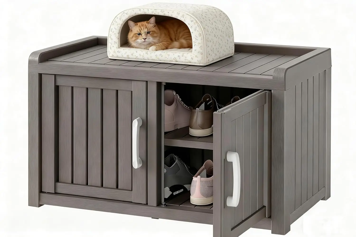 Shoe Storage Cabinet Waterproof UV-Resistant, Entryway Storage Bench Indoor Outdoor With 2 Barn Doors, Adjustable, Customized