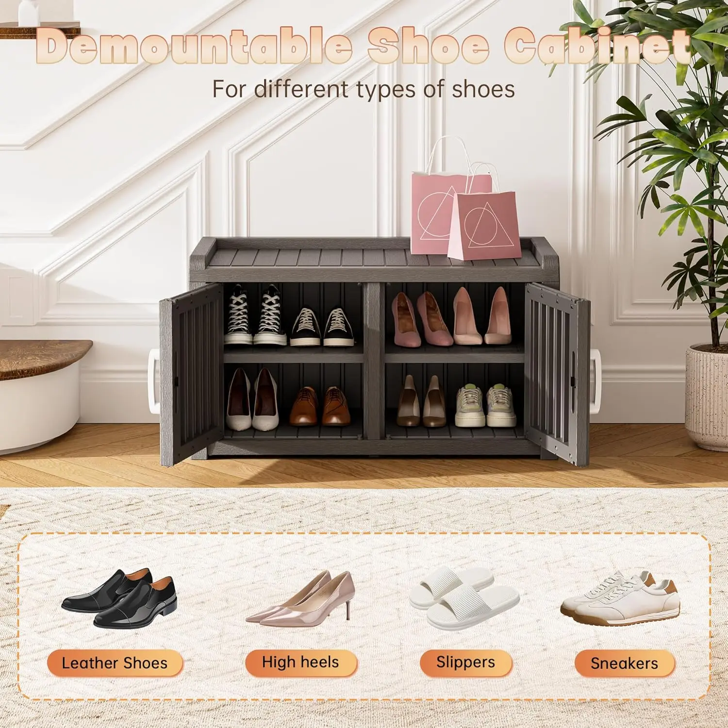Shoe Storage Cabinet Waterproof UV-Resistant, Entryway Storage Bench Indoor Outdoor With 2 Barn Doors, Adjustable, Customized