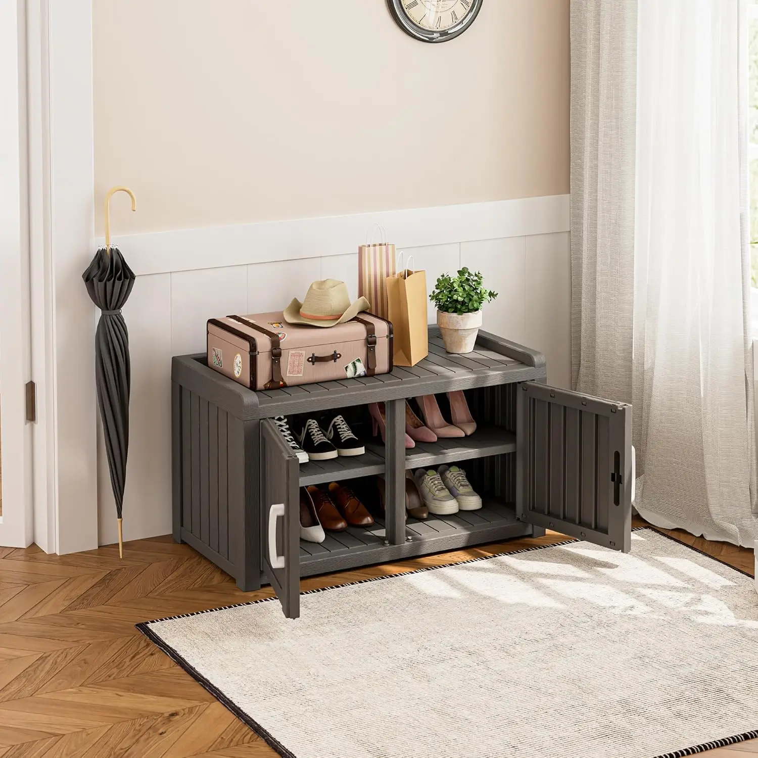 Shoe Storage Cabinet Waterproof UV-Resistant, Entryway Storage Bench Indoor Outdoor With 2 Barn Doors, Adjustable, Customized