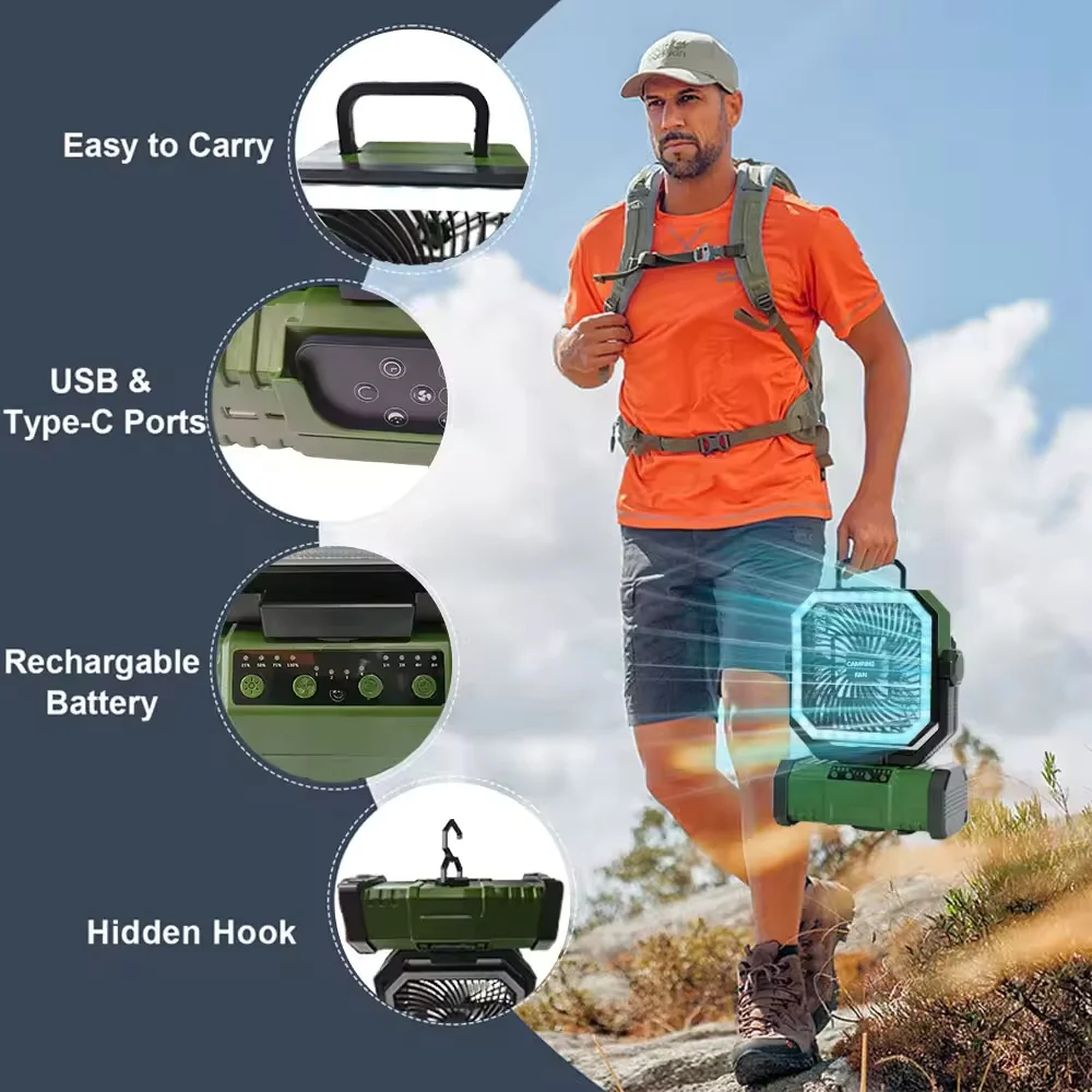 Camping Ceiling Fan 20000Mah Rechargeable Camping Circulator with Light and Remote Control Cool Air Circulation Camping Fan