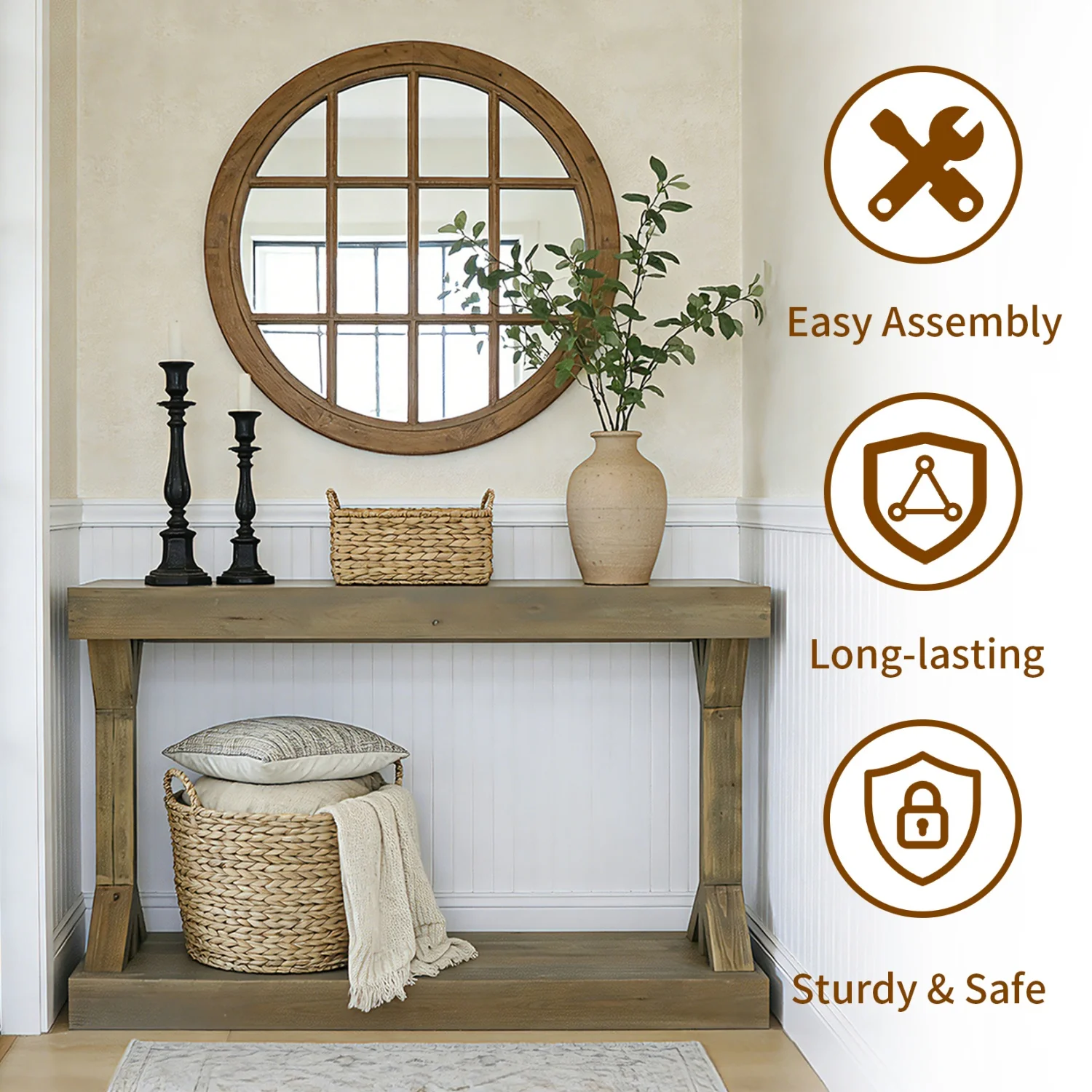 120cm Solid Wood Console Table Farmhouse Entryway Table Rectangular Couch Tables Behind Sofa Accent Tables for Hallway Entrance Foyer Living Room