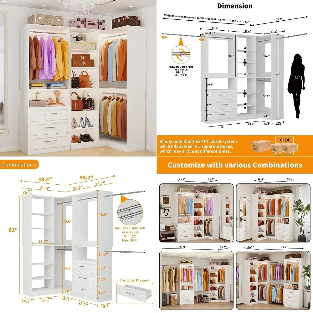 System with 3 Wood Drawers, 58FT Closet Organizer System with Cuttable Shelves for Walk in Closet with 3 Expandable Hanging Rod