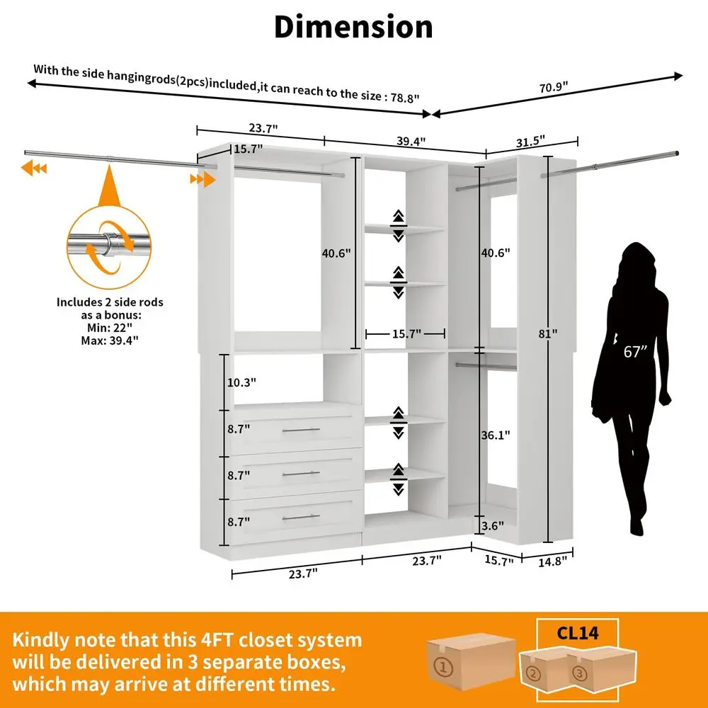System with 3 Wood Drawers, 58FT Closet Organizer System with Cuttable Shelves for Walk in Closet with 3 Expandable Hanging Rod