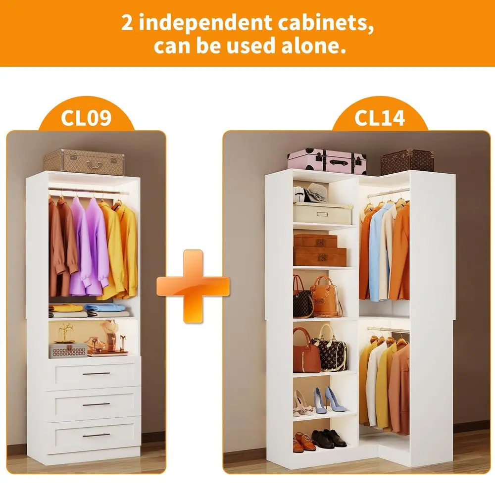 System with 3 Wood Drawers, 58FT Closet Organizer System with Cuttable Shelves for Walk in Closet with 3 Expandable Hanging Rod