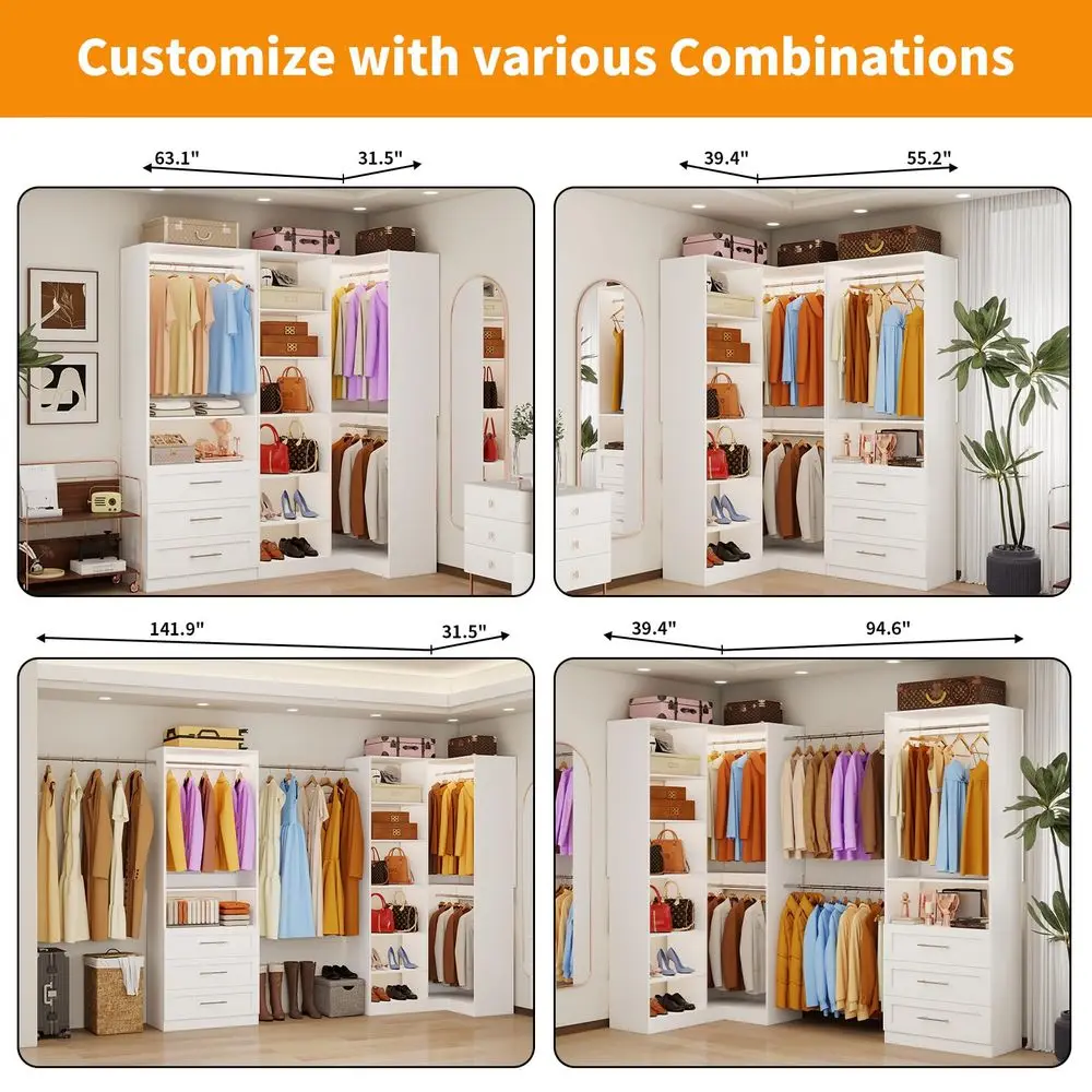 System with 3 Wood Drawers, 58FT Closet Organizer System with Cuttable Shelves for Walk in Closet with 3 Expandable Hanging Rod