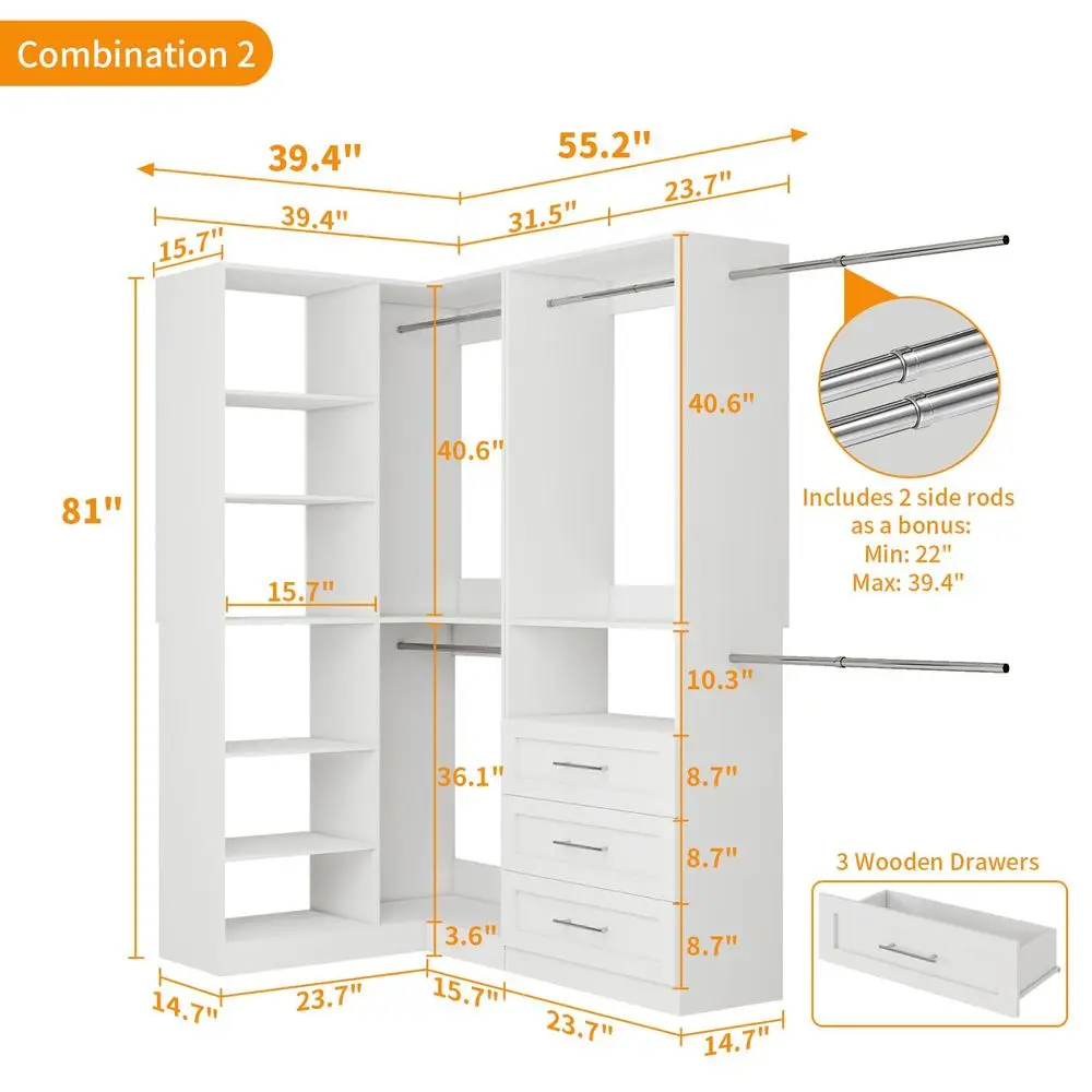 System with 3 Wood Drawers, 58FT Closet Organizer System with Cuttable Shelves for Walk in Closet with 3 Expandable Hanging Rod